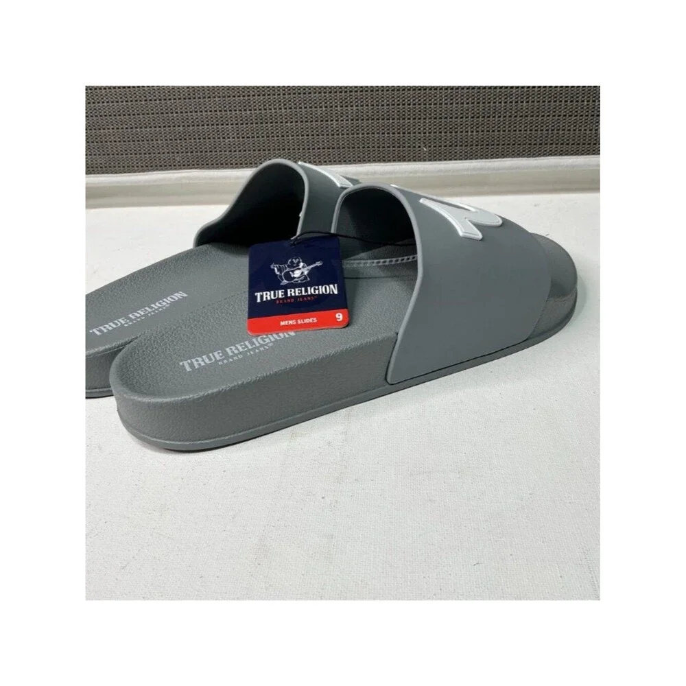 True Religion Mens Slides Gray Logo Size 9 Casual Slip-On Sandals